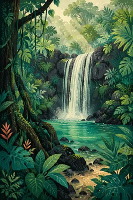 Secluded Tropical Waterfall in Lush Jungle