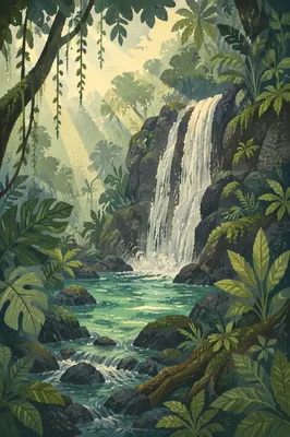 Hidden Tropical Jungle Waterfall at Dawn