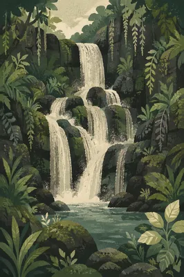 Secluded Tropical Jungle Waterfall in Lush Greenery