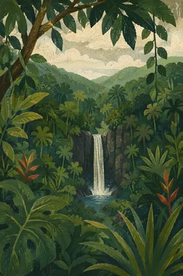 Secluded Tropical Waterfall in Lush Jungle