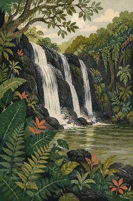 Lush Tropical Jungle Waterfall Landscape