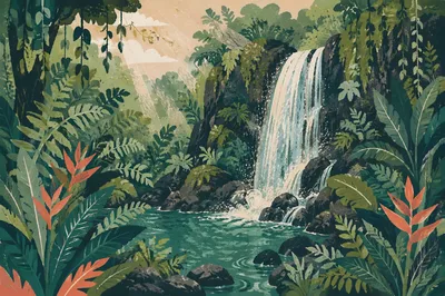 Secluded Tropical Jungle Waterfall at Dawn