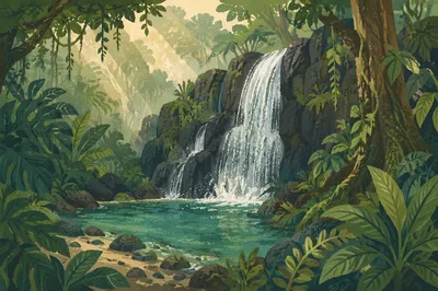 Secluded Tropical Waterfall in Lush Jungle