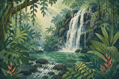 Hidden Tropical Jungle Waterfall at Dawn