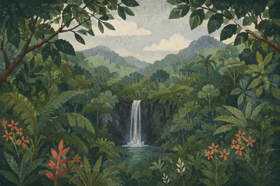 Secluded Tropical Waterfall in Lush Jungle