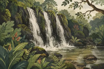 Lush Tropical Jungle Waterfall Landscape