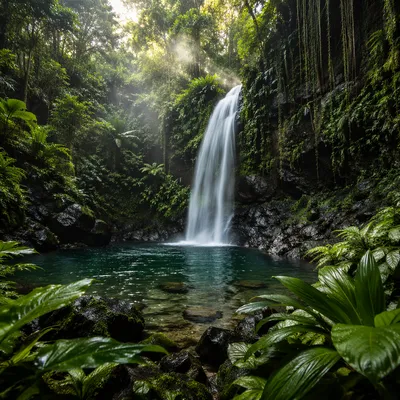 Secluded Tropical Jungle Waterfall at Dawn