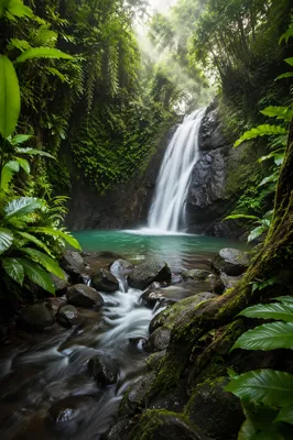 Hidden Tropical Jungle Waterfall at Dawn