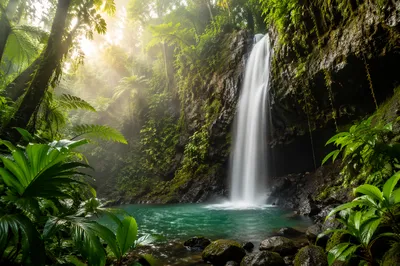Secluded Tropical Jungle Waterfall at Dawn