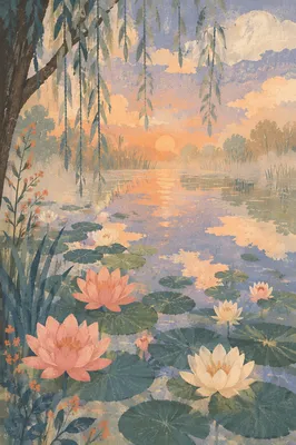 Dreamy Waterlily Pond at Sunrise Reflection