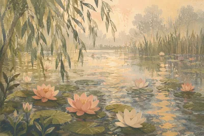 Dreamy Waterlily Pond at Golden Dawn