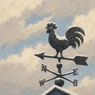 Snowy Rooster Weather Vane Winter Sky