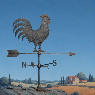 Rustic Rooster Weather Vane Under Blue Sky