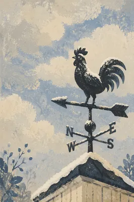Snow-Dusted Rooster Weather Vane Sky