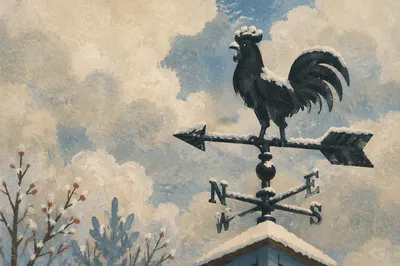 Snowy Rooster Weather Vane Against Winter Sky