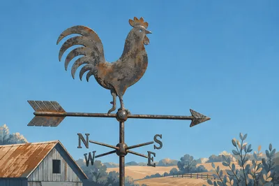 Rustic Rooster Weather Vane Under Blue Sky