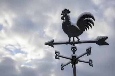 Snowy Rooster Weather Vane Against Winter Sky