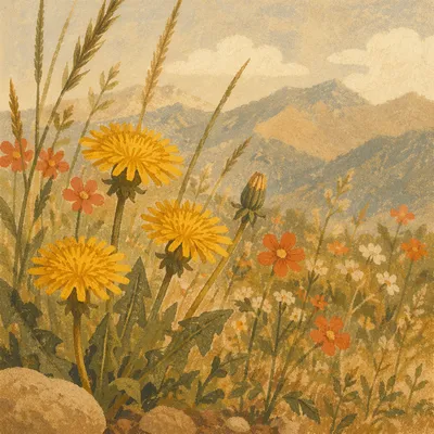 Spring Wildflower Meadow with Hazy Mountains