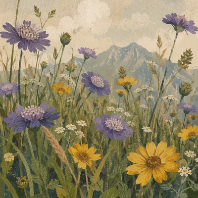 Spring Wildflower Meadow Below Misty Mountains