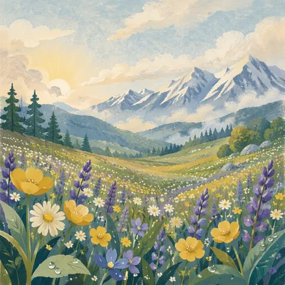 Spring Wildflower Meadow Beneath Misty Mountains