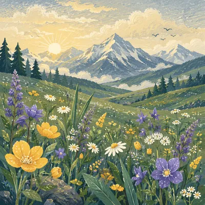 Spring Wildflower Meadow Beneath Misty Mountains