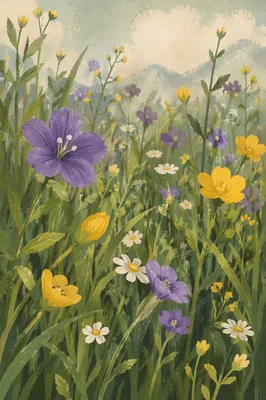 Spring Wildflower Meadow Below Soft Mountains