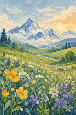 Spring Wildflower Meadow Beneath Misty Mountains