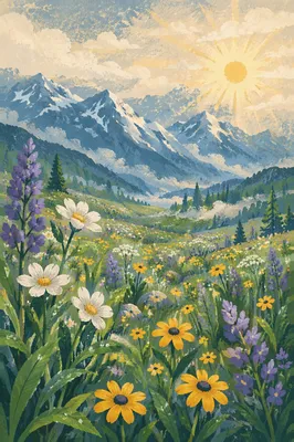 Spring Wildflower Meadow Beneath Misty Mountains