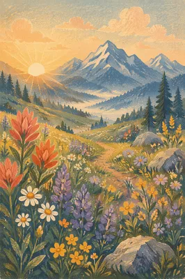 Spring Wildflower Meadow Beneath Mountain Dawn
