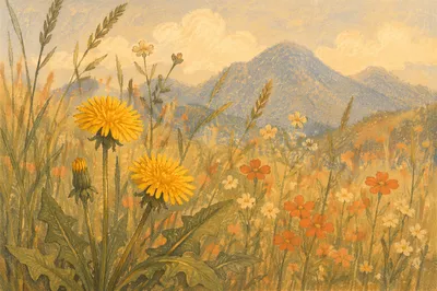 Spring Wildflower Meadow Before Hazy Mountains