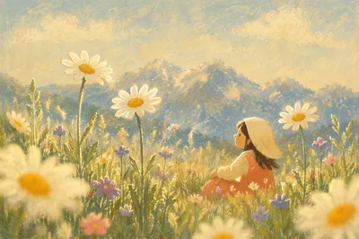 Spring Daisies Before Distant Blue Mountains