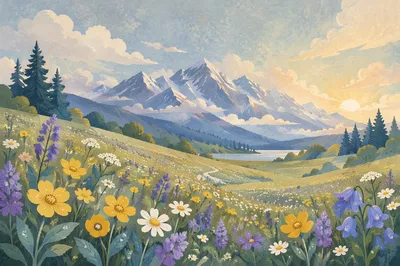 Spring Wildflower Meadow Beneath Misty Mountains