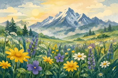 Spring Wildflower Meadow Beneath Misty Mountains