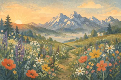 Spring Wildflower Meadow Below Mountain Peaks