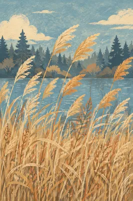 Golden Wheat Reeds by Calm Blue Lake
