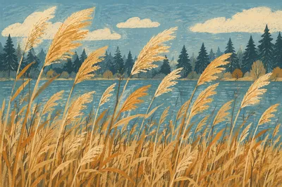 Golden Wheat Reeds by Calm Blue Lake
