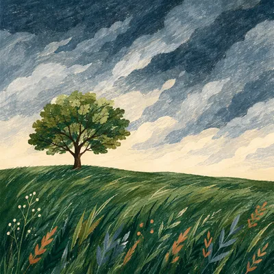 Windswept Grass Field Under Storm Clouds