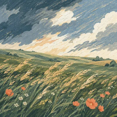 Wind Swept Grass Field Under Racing Clouds