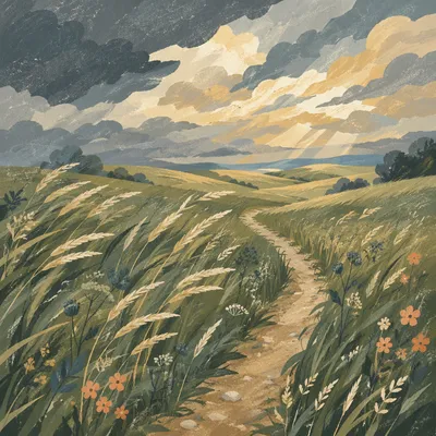 Windswept Grass Field Beneath Racing Clouds