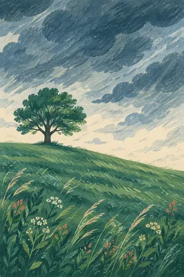 Solitary Tree in Windy Grass Field