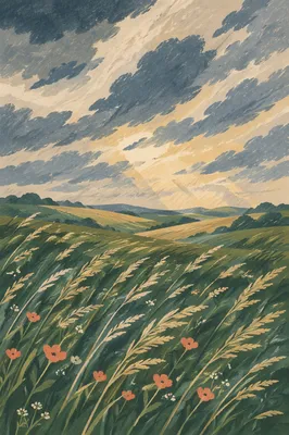 Windy Grass Field Under Racing Clouds