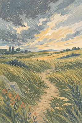 Windswept Grass Field Beneath Racing Clouds