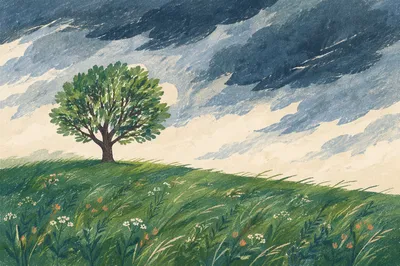 Windswept Green Field Under Storm Clouds