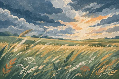 Windy Grass Field Beneath Racing Clouds