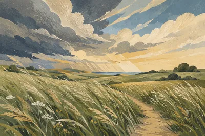Windswept Grass Field Beneath Racing Clouds
