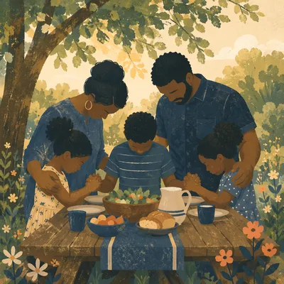 African American Family Prayer at Park Table