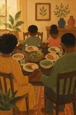 African American Family Prayer at Dinner Table