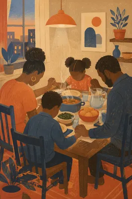 African American Family Prayer at Dinner Table