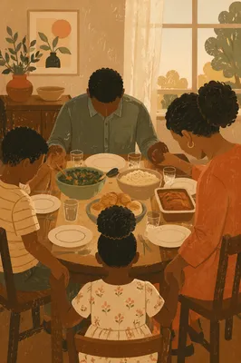 African American Family Prayer at Dinner Table