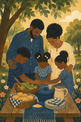 African American Family Prayer at Picnic Table
